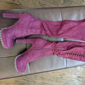 Magenta thigh high lace up boots